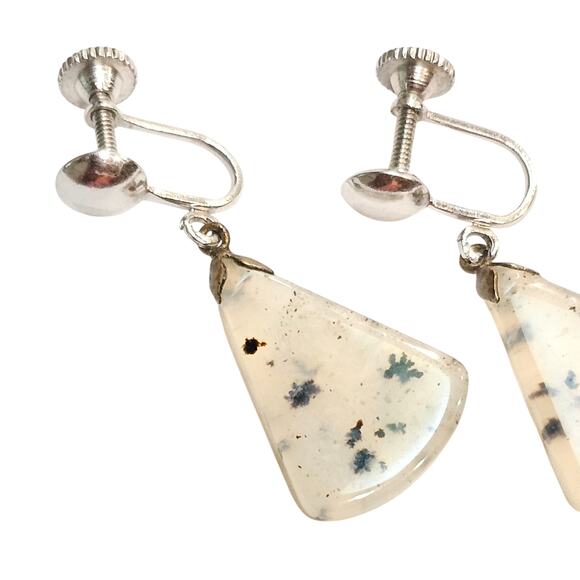 Vintage Dendritic Agate Drop Screw-Back Earrings - Picture 2 of 3